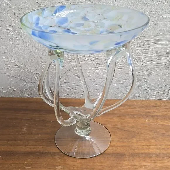 MAKORA KROSNO OCTOPUS JELLYFISH COBALT GLASS COMPOTE PEDESTAL BOWL, VINTAGE